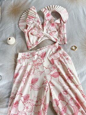Pink Floral Pleated Bandeau & Wide-Leg Set